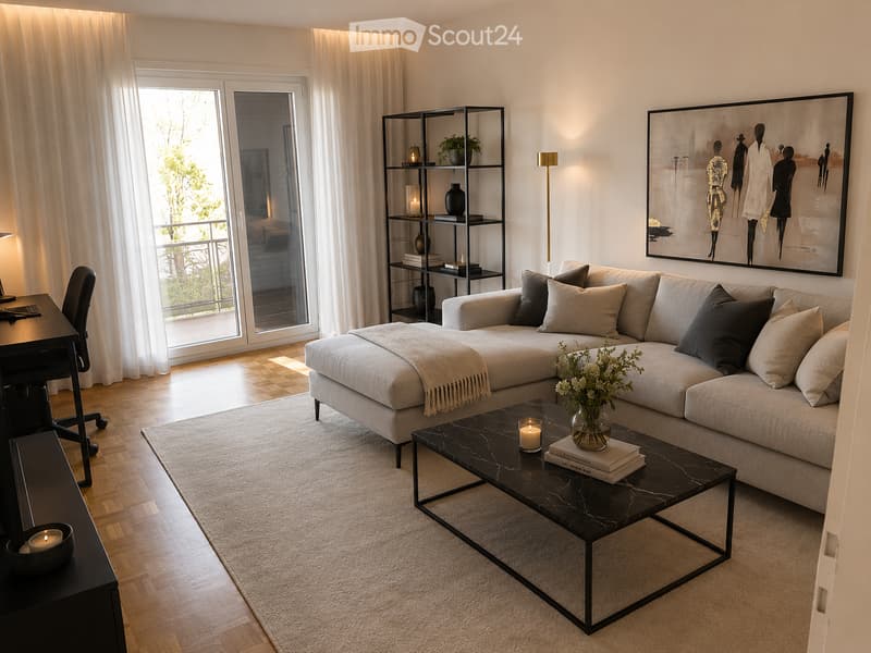 Modern living room with a grey sectional sofa, black coffee table, wooden floor, large windows, and a balcony view.