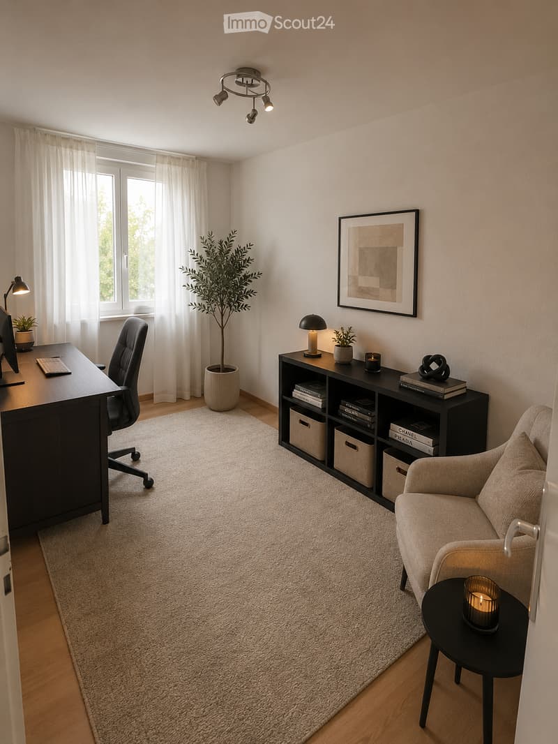 A modern, well-lit living room with a sofa, coffee table, bookshelf, desk, and various decorative items including plants and artwork.