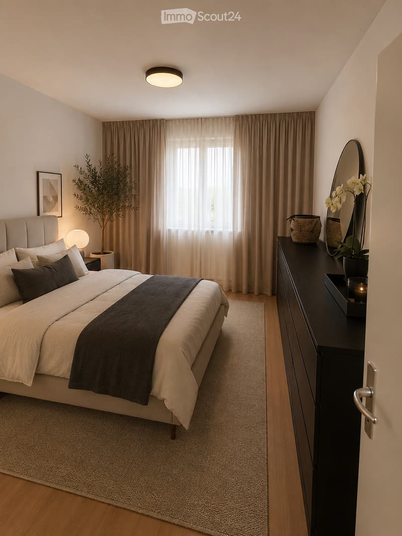 Modern bedroom with a large bed, nightstand, dresser, mirror, and decorative elements including a potted plant and artwork.