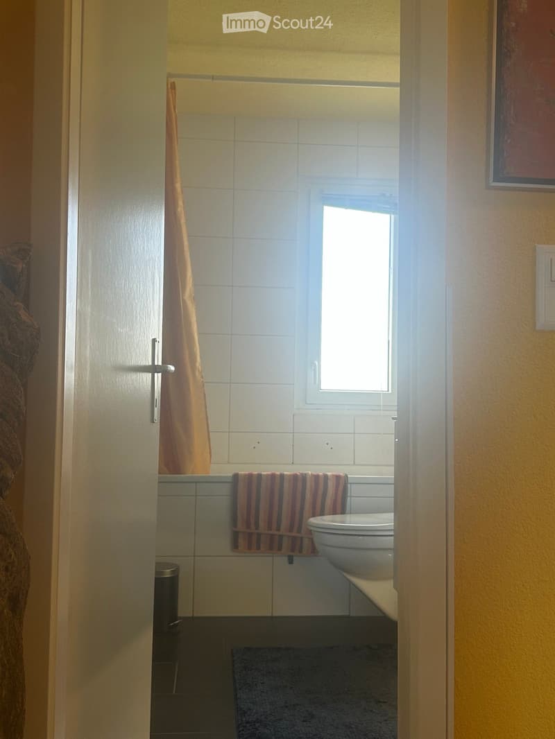 Bathroom with a toilet, towel, shower curtain, and trash can visible. The room has tiled walls and a window letting in natural light.