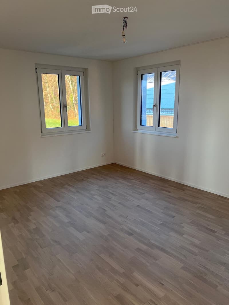 Empty room with wooden flooring, white walls, and two windows with white frames. The ceiling has a light fixture.