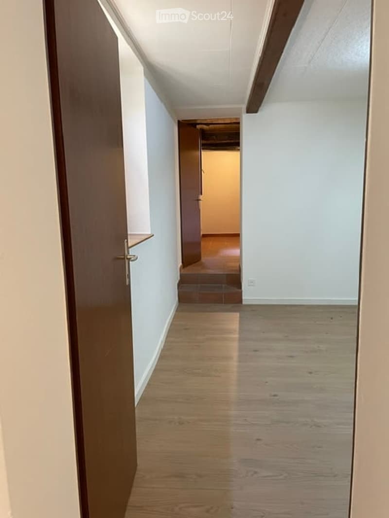 Empty hallway with wooden flooring, white walls, and a closed wooden door on the left side. The hallway leads to another room with visible carpeted flooring and a door.