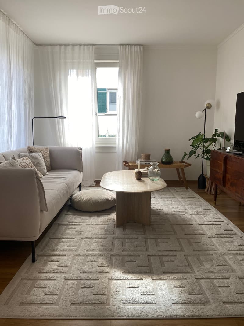 Modern living room with a grey sofa, coffee table, ottoman, side table, decorative vase, plant, television, and floor lamp. The room features a large window with white curtains and a patterned rug on the wooden floor.