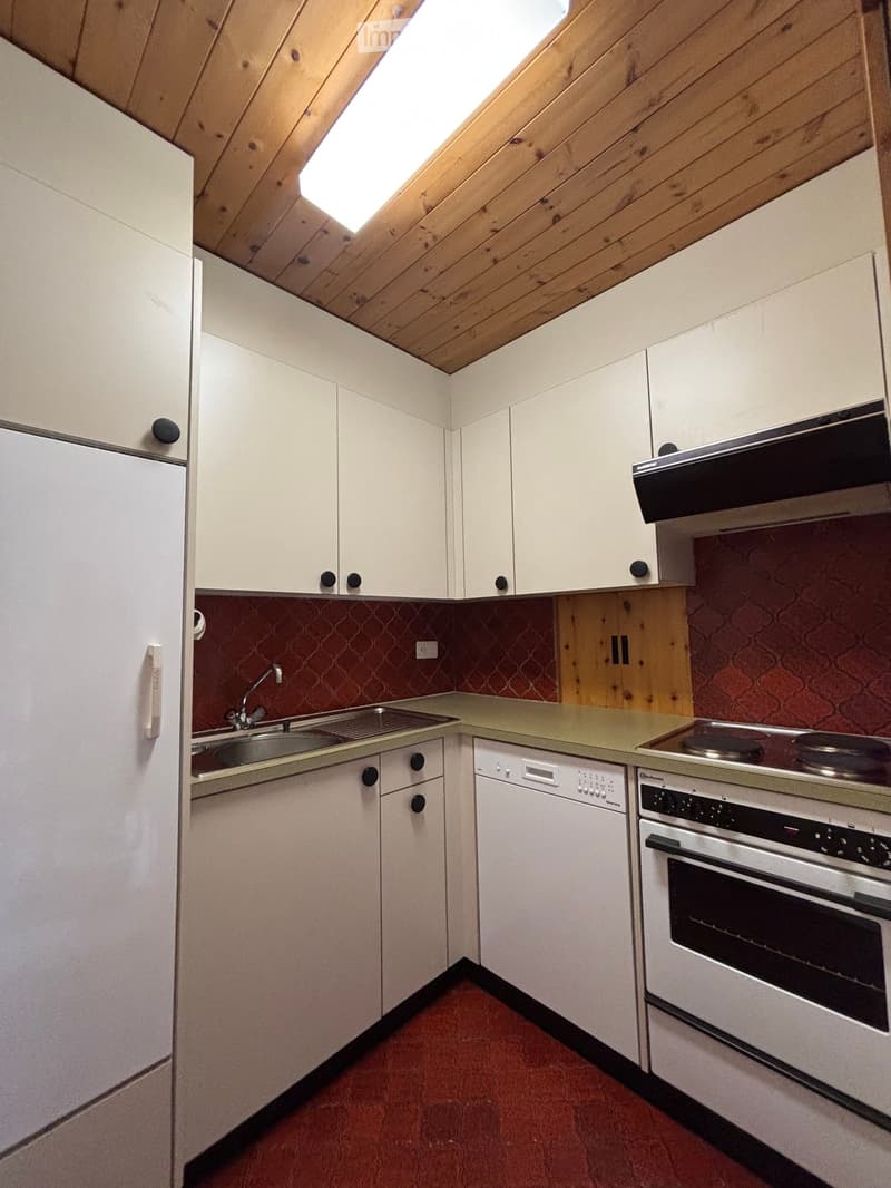 Compact kitchen with white cabinets, stainless steel appliances, and a skylight window above the sink.