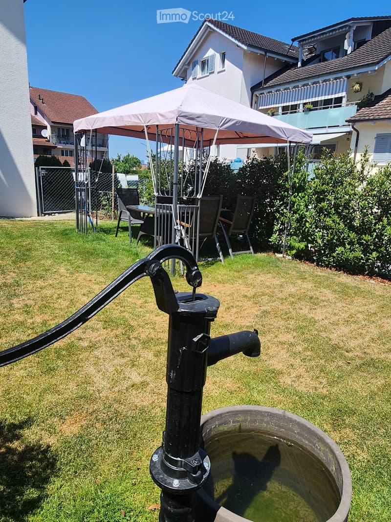 Garden with a black water pump, a table and chairs under an umbrella, surrounded by greenery and neighboring houses.