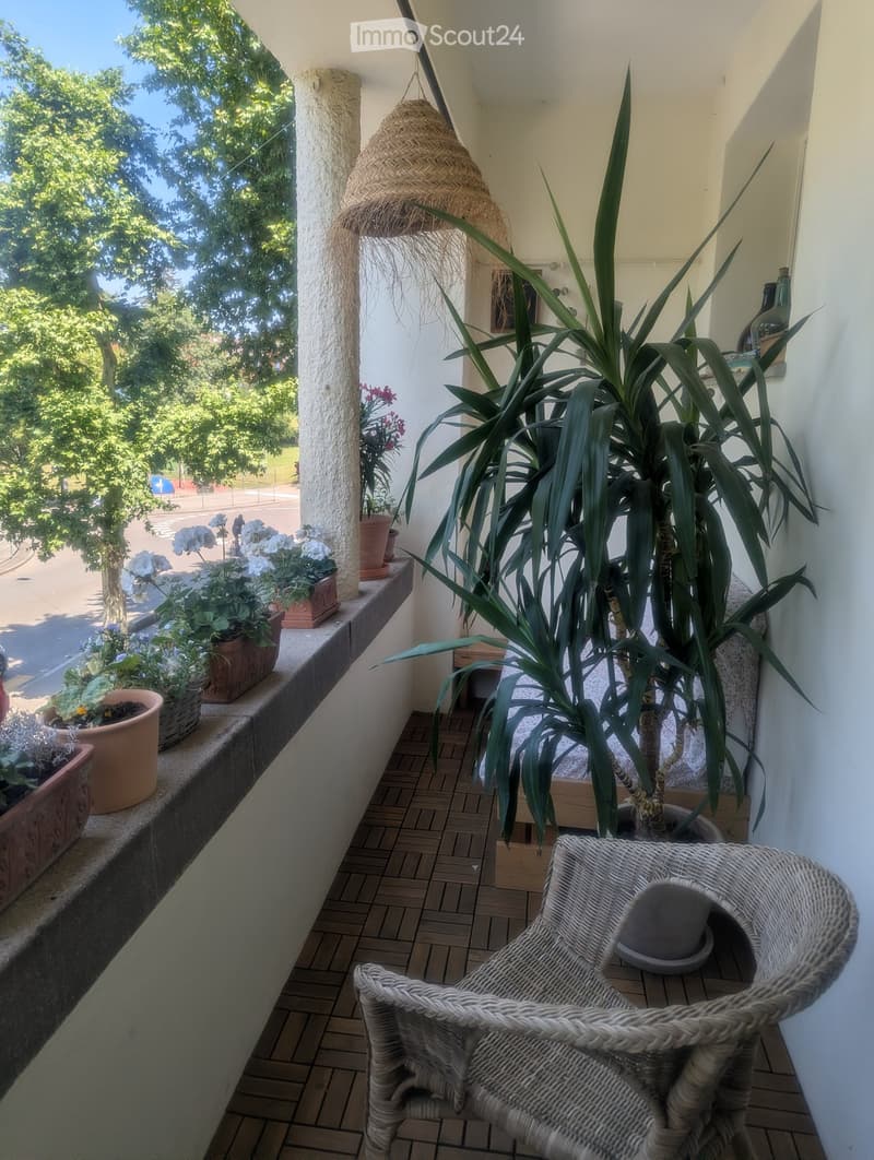 Balcony with tiled floor, wicker chair, large potted plant, and several smaller potted plants on the railing.