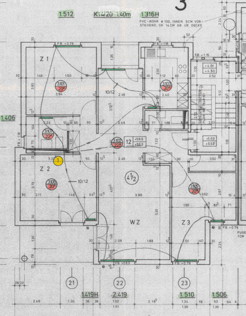 Floor plan of a residential building showing multiple rooms, labeled Z1, Z2, Z3, and WZ, with dimensions and room numbers indicated.