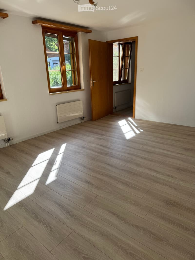 Empty room with wooden flooring, white walls, and a large window with wooden frame. A door leads to another room with visible radiator.