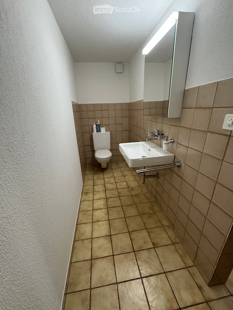 Small bathroom with beige tiles, a toilet, a sink with a mirror, and a handrail for support.