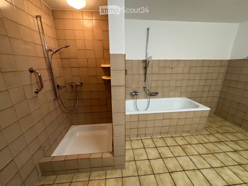 Bathroom with two bathtubs, one with a showerhead, and a handrail for accessibility.