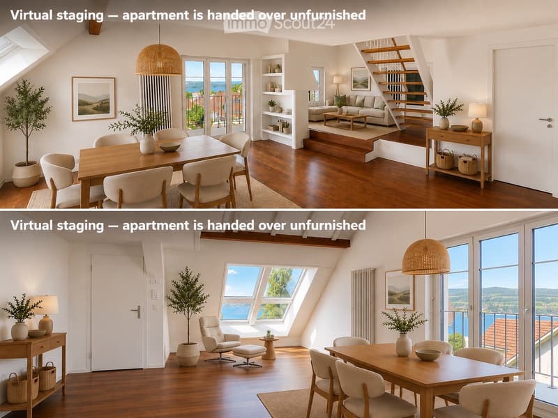 Virtual staging shows a furnished living and dining area with a sofa, coffee table, dining table, chairs, lamps, picture frames, and potted plants. Large windows offer a scenic view.