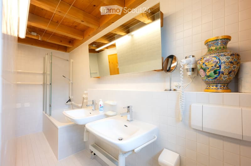 Modern bathroom with two sinks, a bathtub, a large mirror, a hair dryer, and a decorative vase on the counter.