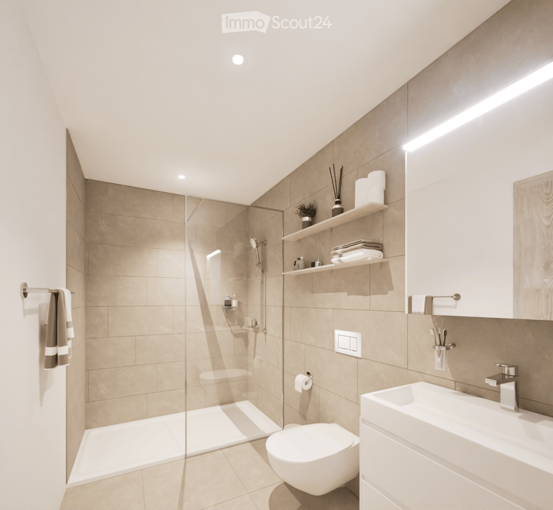 walk-in shower, white toilet, white sink, tiled walls, shelves, silver fixtures