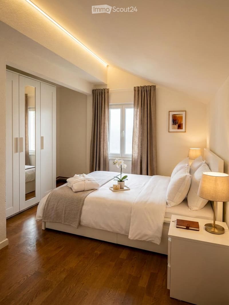 Modern bedroom with a large bed, nightstand, lamp, mirror, wardrobe, and a window with curtains. A small flower arrangement and a picture frame are also present.