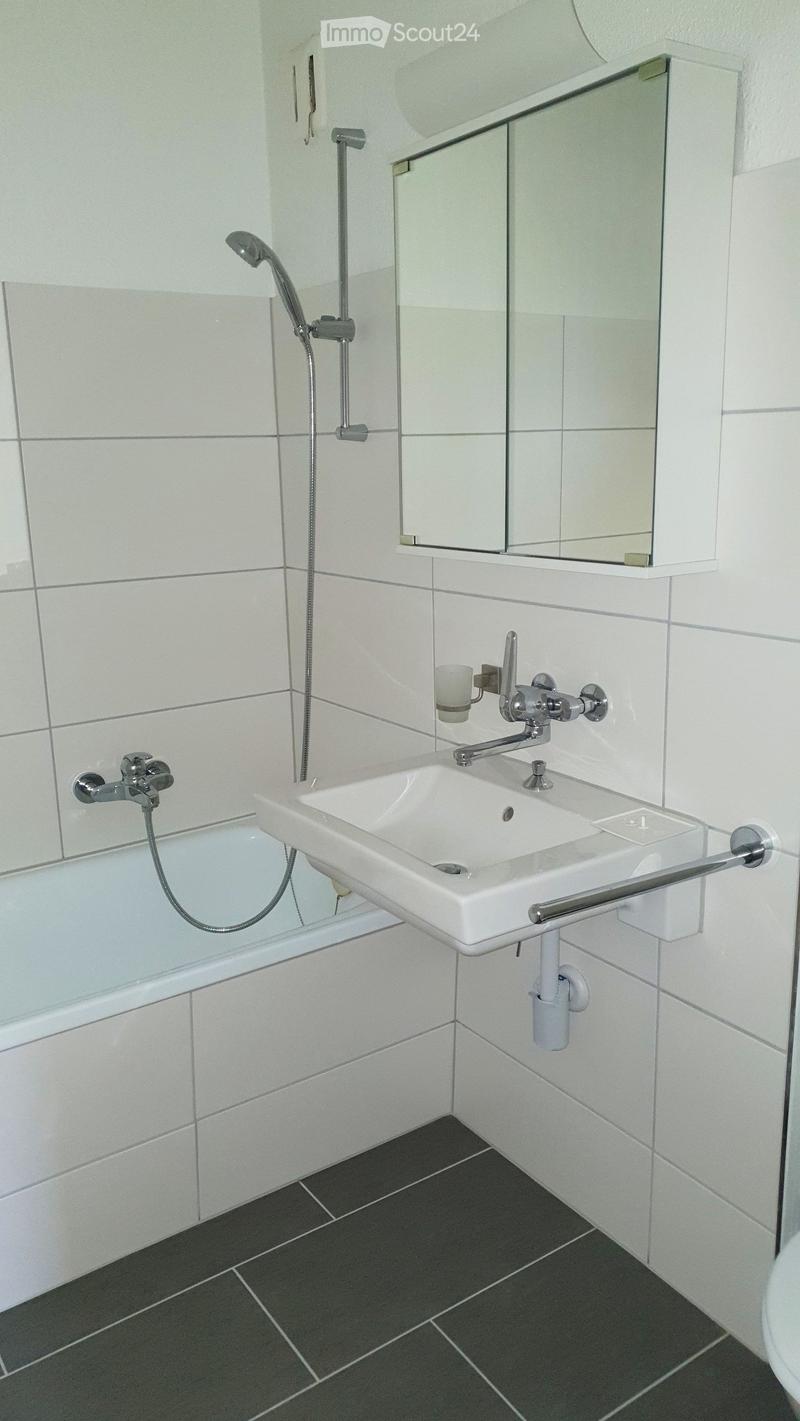 Modern bathroom with white tiled walls, a white sink with a chrome faucet, a bathtub, a mirror, and a handrail for accessibility.