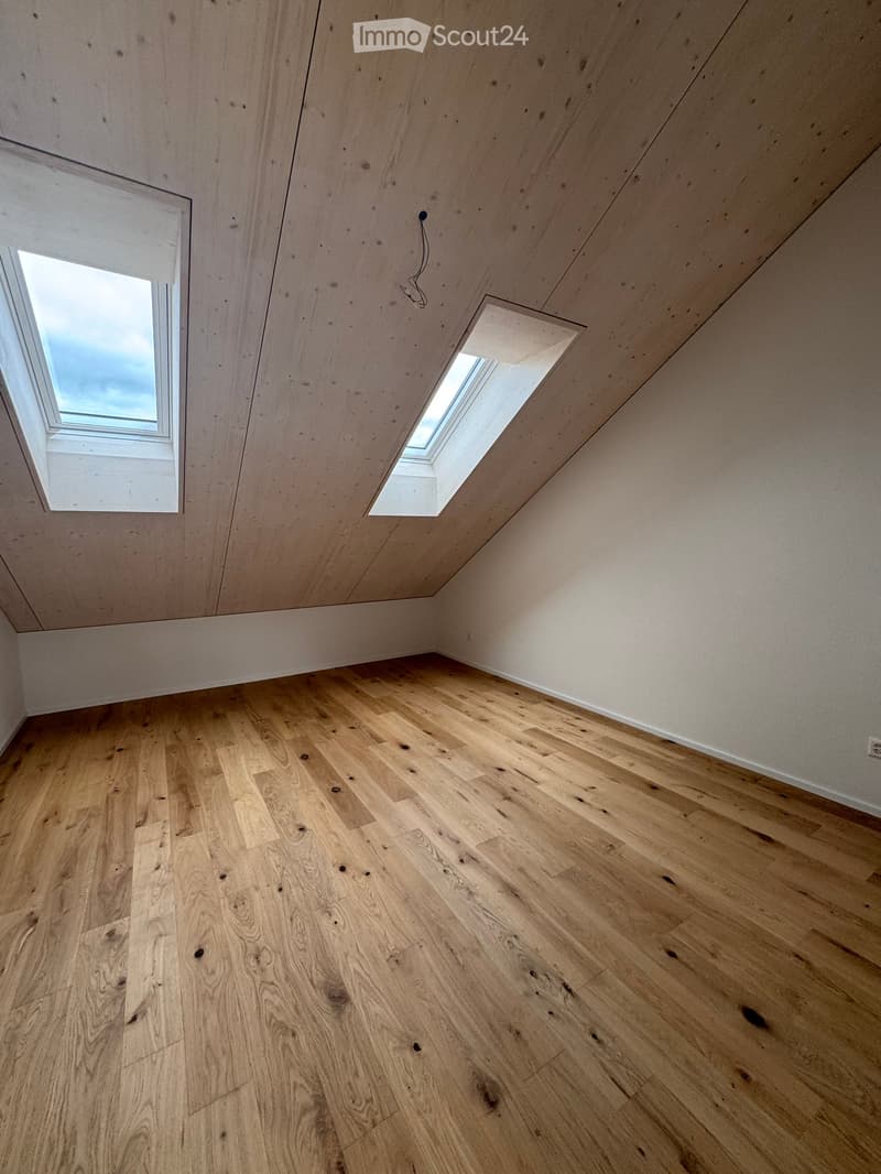 Completely empty room with wooden floor and light wooden walls, featuring a skylight and a window on the left side.