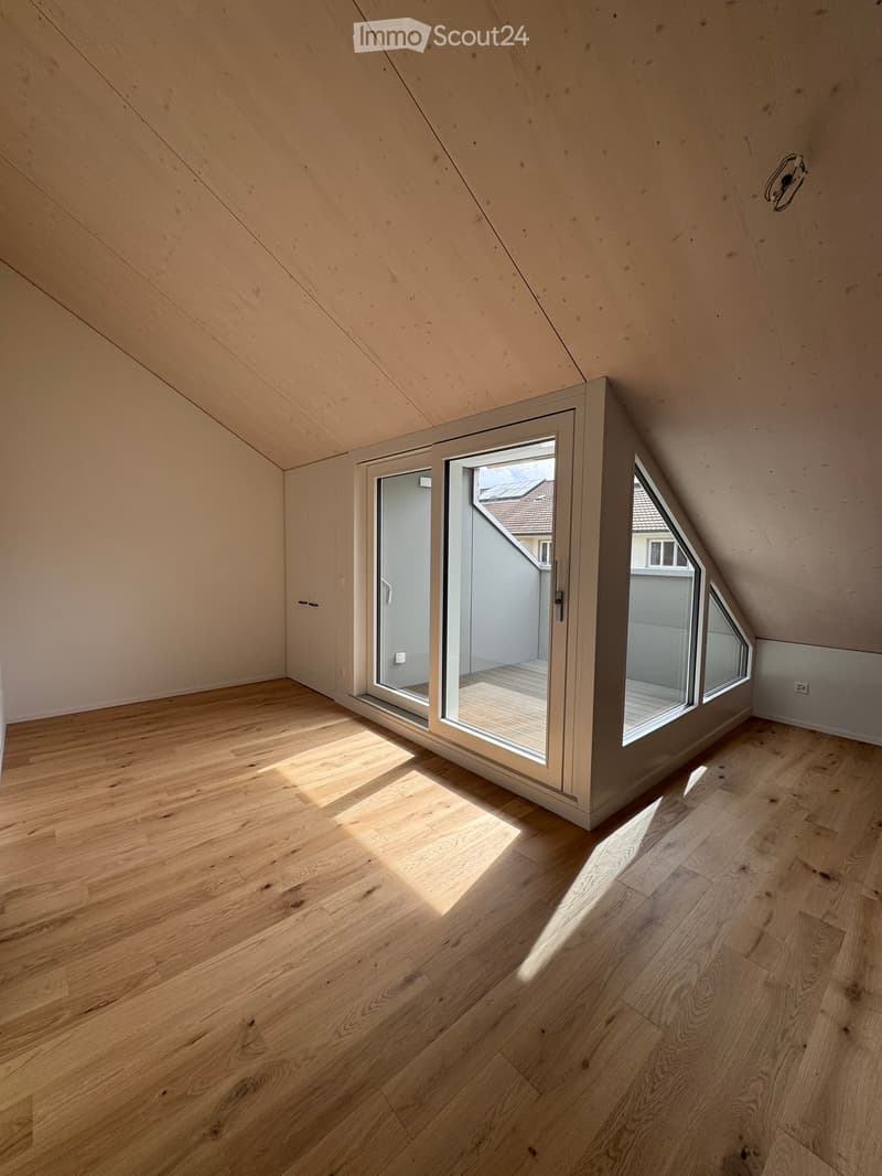 Empty attic room with wooden flooring, large skylight windows, and built-in storage cabinets.
