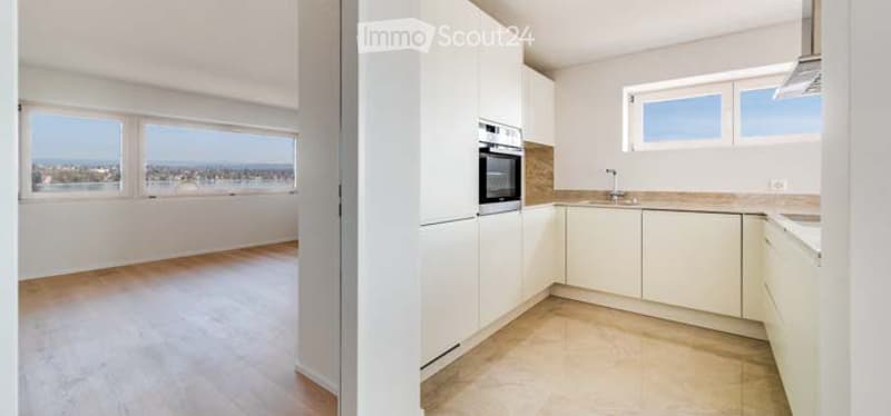 Modern kitchen with white cabinets, light wood flooring, and large windows offering a scenic view.