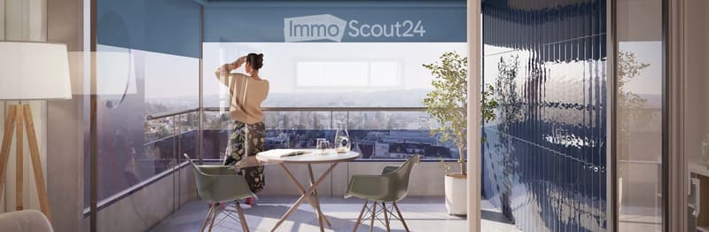 Modern balcony with panoramic city view, round table, two chairs, potted plant, and floor lamp.