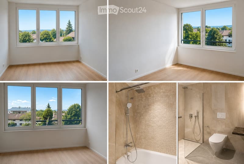 Empty room with wooden flooring, white walls, and large windows offering scenic views of trees and houses. Another empty room with similar features and a view. Bathroom with modern shower and glass enclosure, and a toilet.