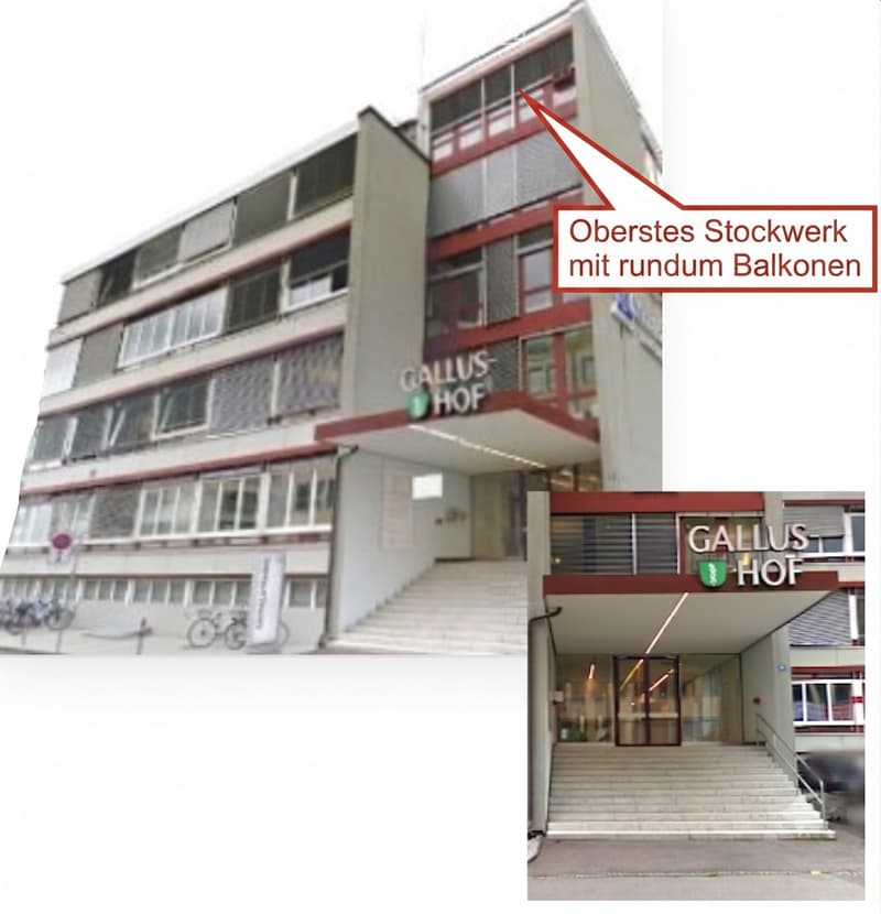 Multi-story building with modern facade, large windows, and balconies on the top floor.
