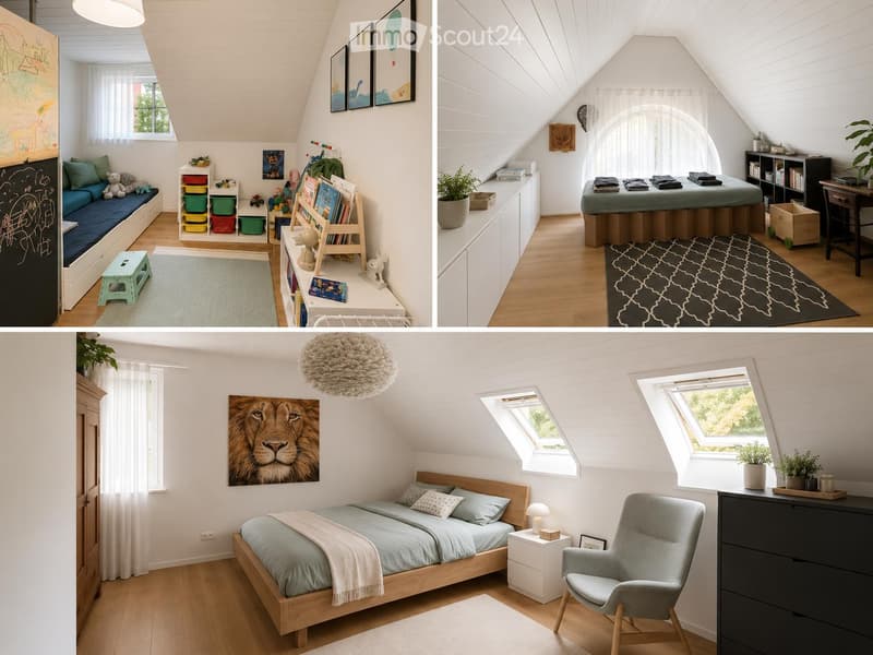Three images of a cozy attic bedroom with wooden floors, white walls, and slanted ceilings. Features include a bed, sofa, bookshelf, nightstand, chair, and decorative elements like artwork and plants.