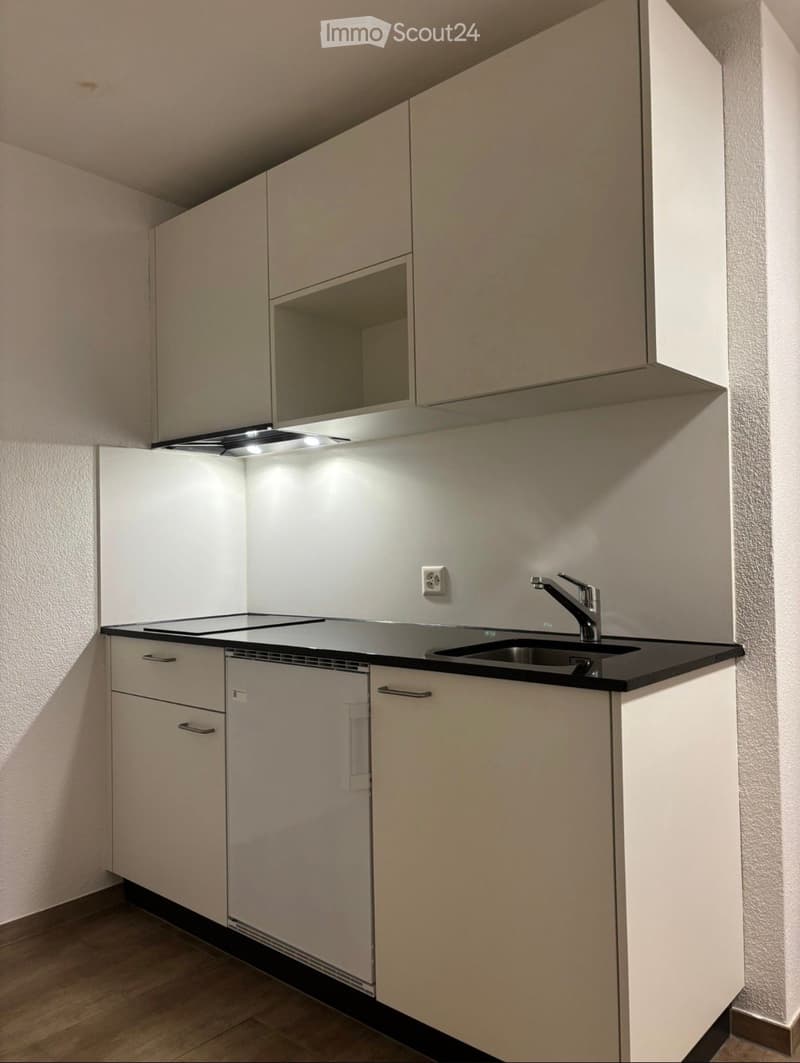 Modern kitchen with light-colored cabinets, black countertop, sink, and faucet. Features built-in storage and sleek design.