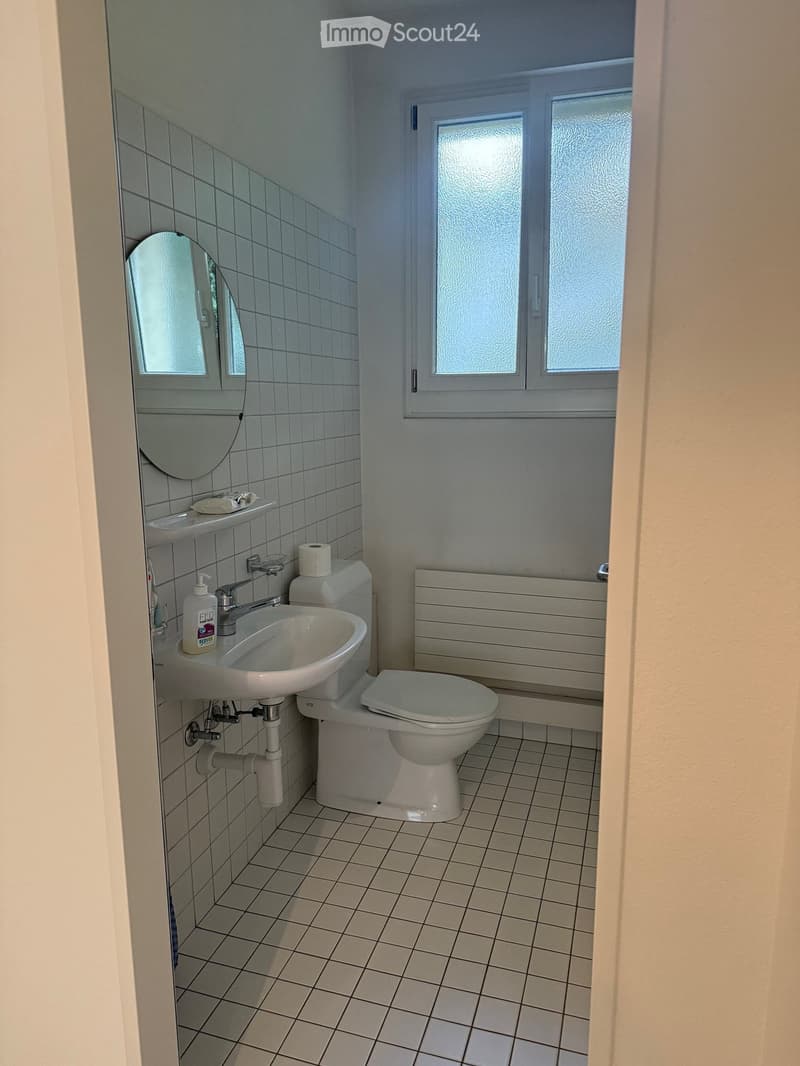 Clean, tiled bathroom with a sink, toilet, mirror, and window. Includes a soap dispenser and toilet paper holder.