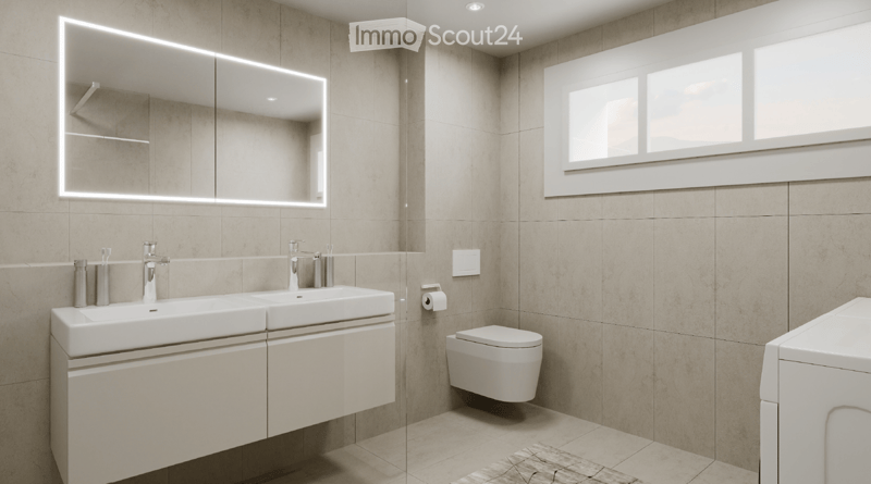 Modern bathroom with beige tiles, double sink vanity, large mirror with LED lighting, toilet, and toothbrush holders.