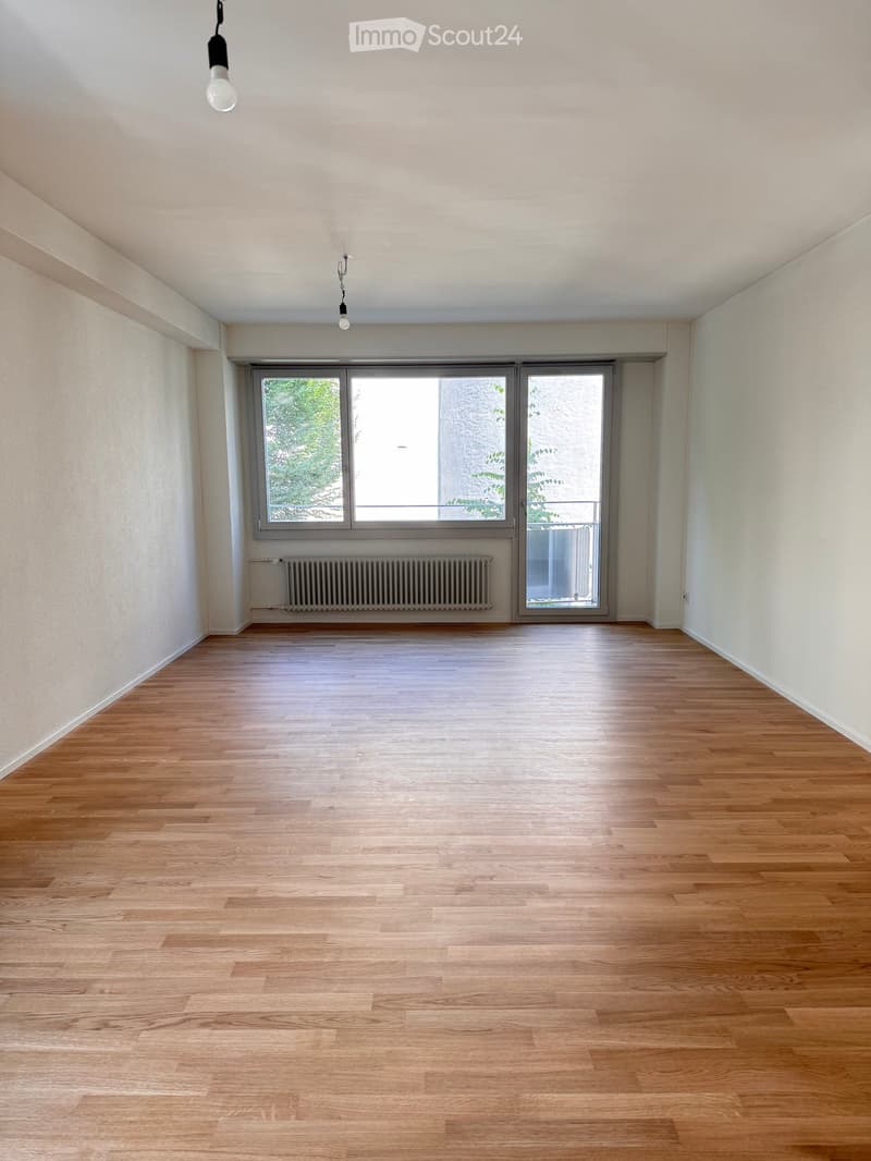 Empty room with wooden flooring, white walls, large window with sliding doors, radiator, and ceiling lights.