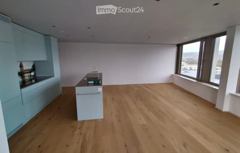 Empty kitchen with light blue cabinets, wooden floor, and large windows overlooking a view.