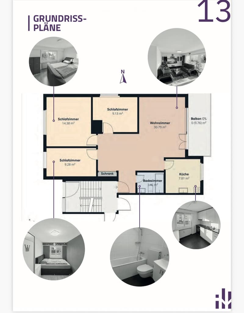 Floor plan showing a 3-bedroom apartment layout with living room, kitchen, bathroom, and balcony.