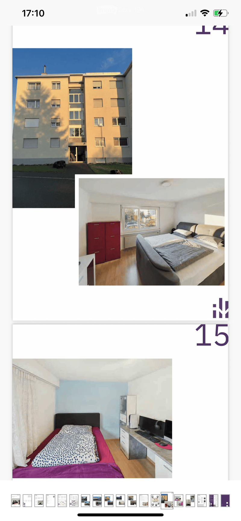Exterior view of a multi-story residential building with beige and white facades, multiple windows, and a central entrance. Interior shots show a furnished bedroom with a bed, nightstand, and wardrobe, and another bedroom with a bed, desk, and computer se