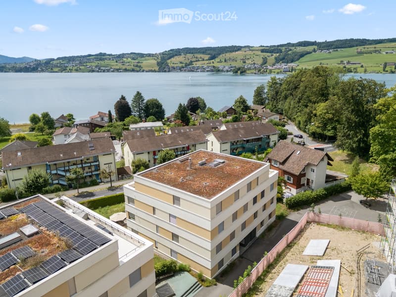 Aerial view of a residential area with modern buildings, solar panels, and a scenic lake in the background.