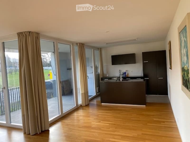 Open-plan kitchen and living area with wooden flooring, large sliding glass doors leading to a balcony, modern kitchen island, and dark cabinets.