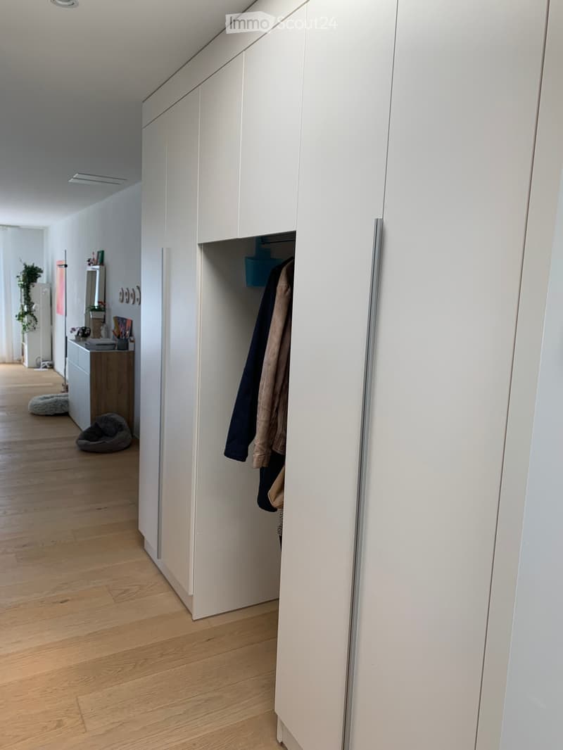 A modern hallway with light wooden flooring, white walls, and built-in white closet with clothes hanging inside. The hallway leads to a room with a small table, a plant, and a pet bed.