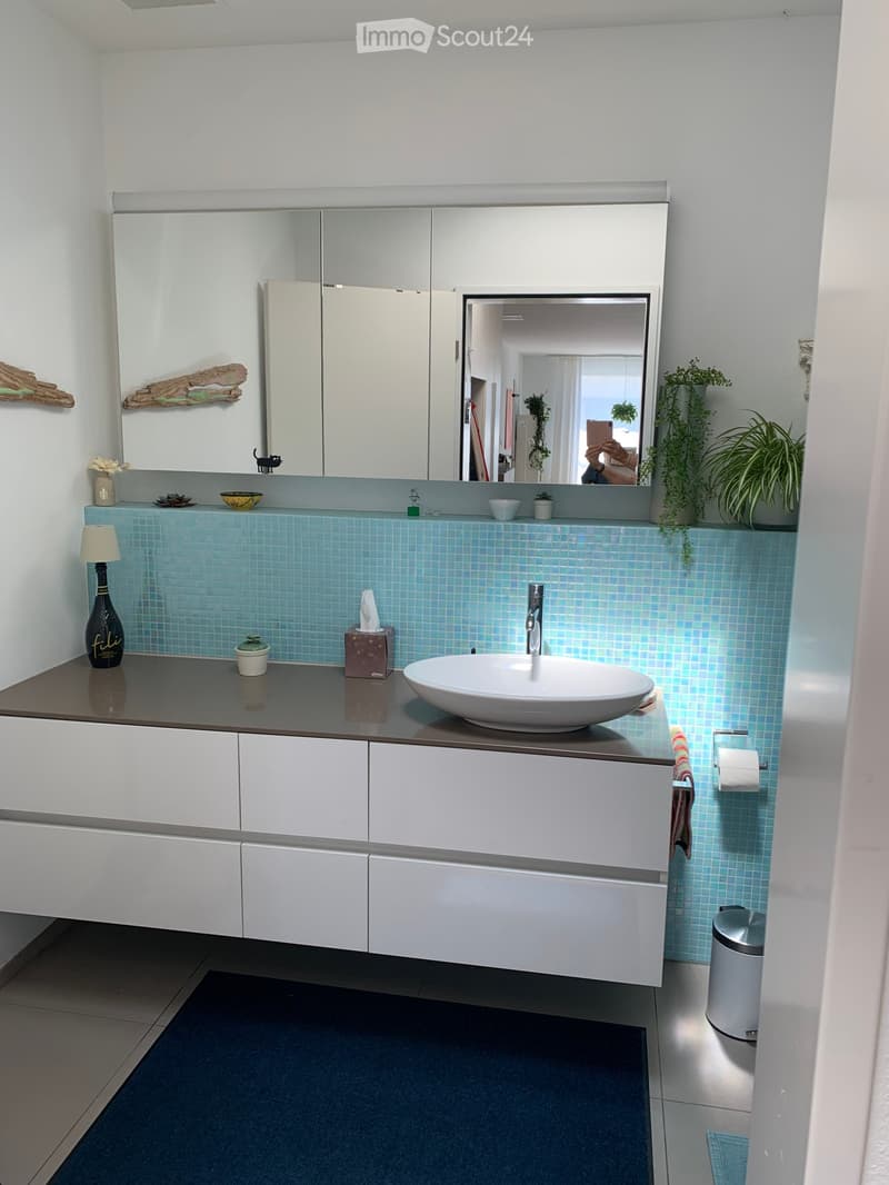 Modern bathroom with a white sink, large mirror, white cabinets, blue tiled backsplash, and decorative items including a lamp, vase, and plants.