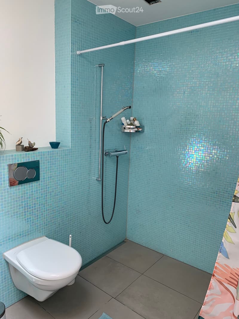 Modern bathroom with light blue tiled walls, a toilet, a shower with a handheld sprayer, and a small shelf holding toiletries and decorative items.