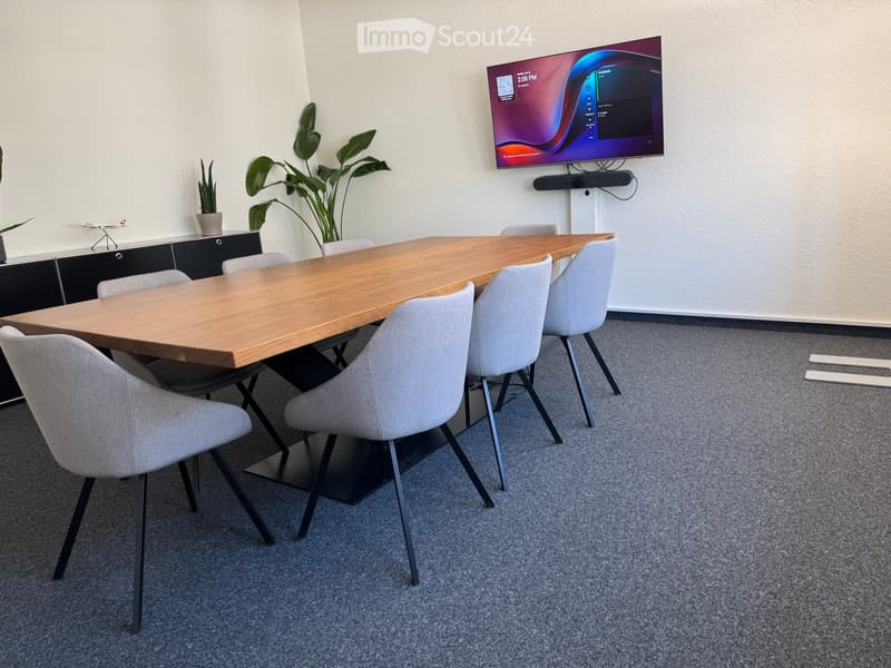 A modern conference room with a large wooden table, several grey chairs, a mounted screen, and a small cabinet with plants.