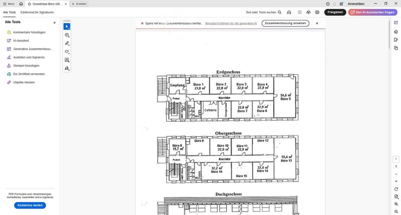 Floor plan of a multi-level building with labeled offices, reception, cafeteria, and corridors across three floors.