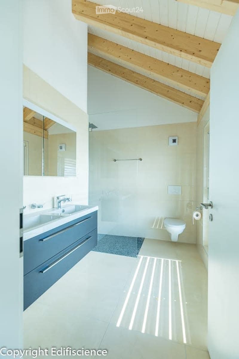 Modern bathroom with a double sink, sleek grey cabinetry, a large mirror, a toilet, and a glass-enclosed shower. The room features exposed wooden beams on the ceiling and light-colored tiles on the floor and walls.