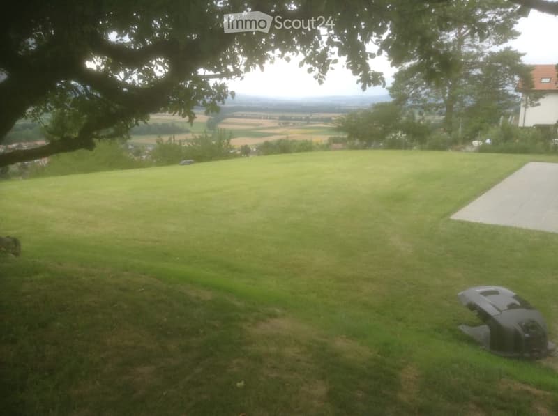 A large, well-maintained lawn with a tree providing shade, a concrete patio area, and a view of a rural landscape with fields and distant hills.