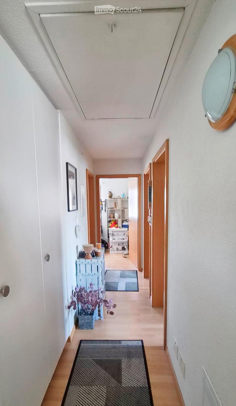 A well-lit hallway with wooden flooring, white walls, and several doors leading to different rooms. There are small rugs, a small table with a plant, and a shelf visible in the background.