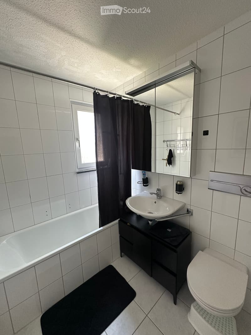 Modern bathroom with white tiled walls, bathtub, sink, toilet, large mirror, and dark cabinet.