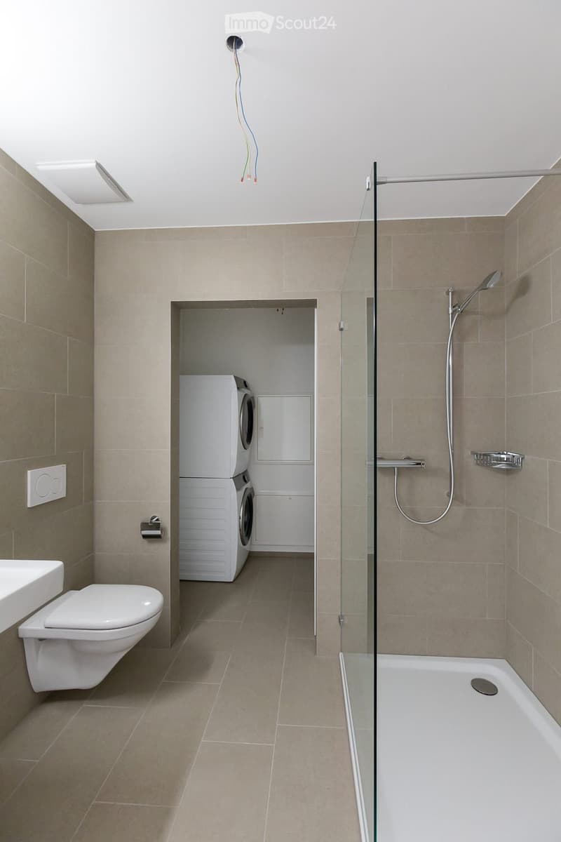 Modern bathroom with a toilet, bathtub, glass-enclosed shower, and a compact laundry area with a washing machine and dishwasher.