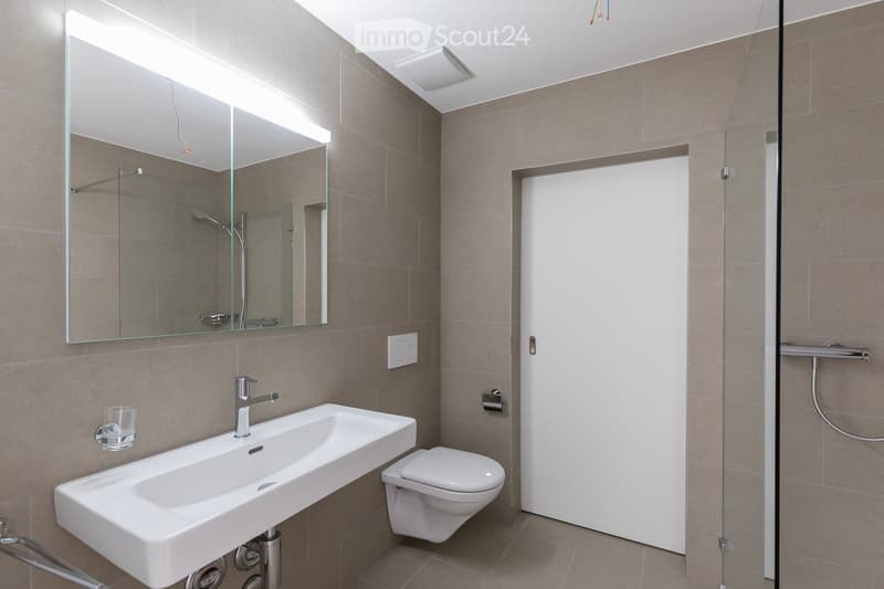 Modern bathroom with a white sink, chrome faucet, large mirror, toilet, and a glass shower enclosure.