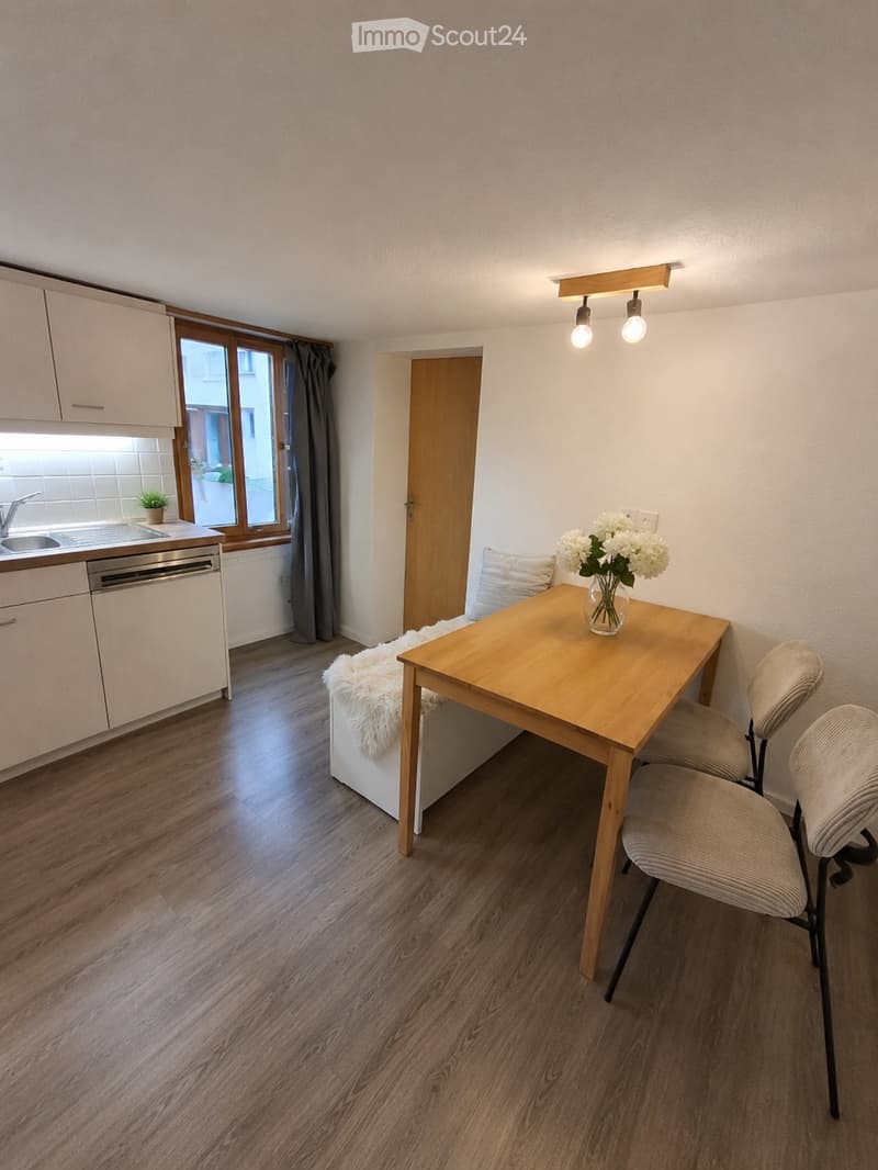 A modern, compact living space with a wooden dining table, chairs, a small sofa, and a kitchen area featuring cabinets, a sink, and a dishwasher. The room has wooden flooring, large windows with curtains, and a decorative flower vase on the table.