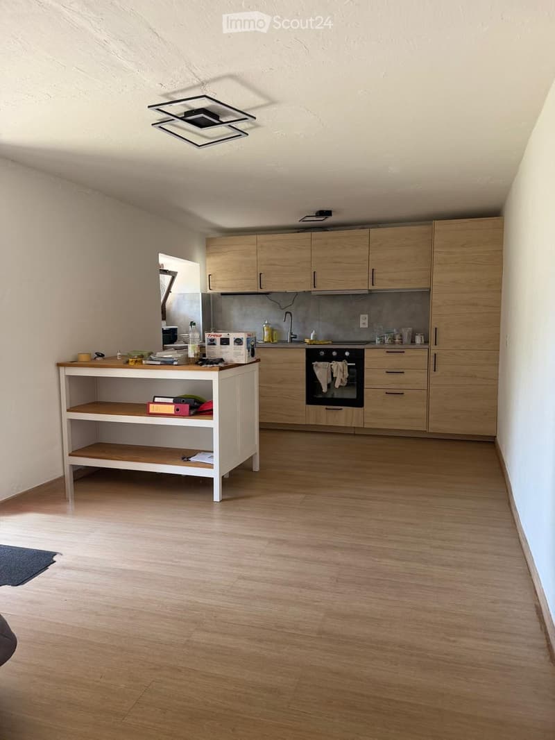 Modern kitchen with light wooden cabinets, stainless steel oven, sink, and faucet. A small table with various items is placed near the wall.