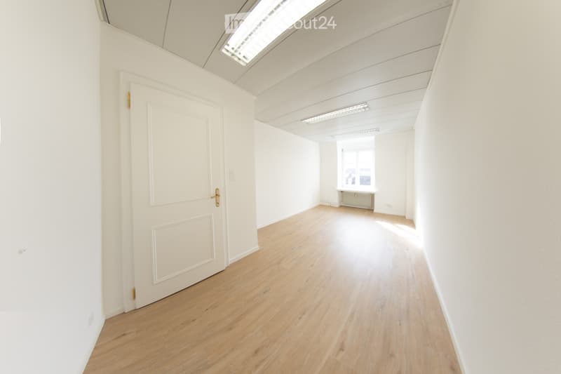Empty room with light wooden flooring, white walls, and a single door. Natural light streams in from a window at the far end.