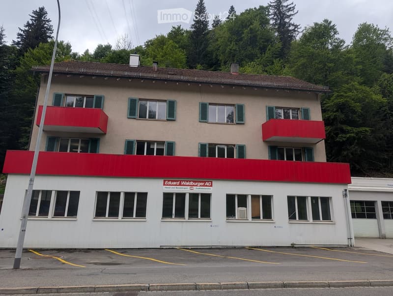 A multi-story building with a beige facade, green shutters, and red balconies. The ground floor has large windows and a sign reading "Eduard Waldburger AG".